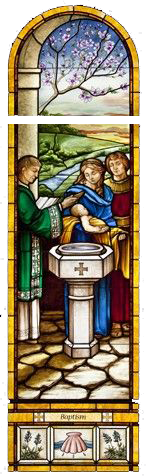 Stained Glass picture of Priest baptizing an infant