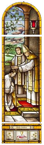 Stained Glass of bishop and priest ordaining a man to the priesthood